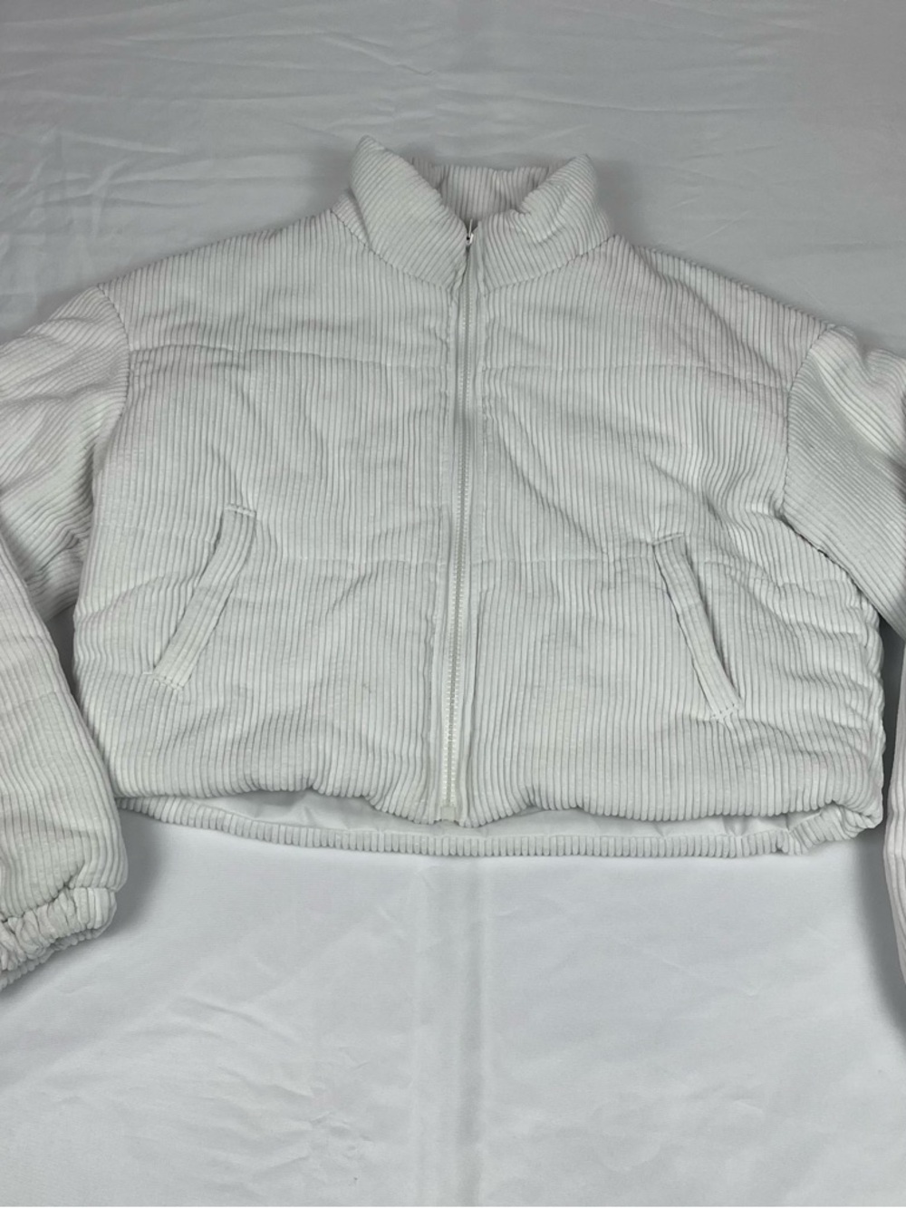SHEIN White Corduroy Cropped Puffer Jacket Size S Zip Up Women